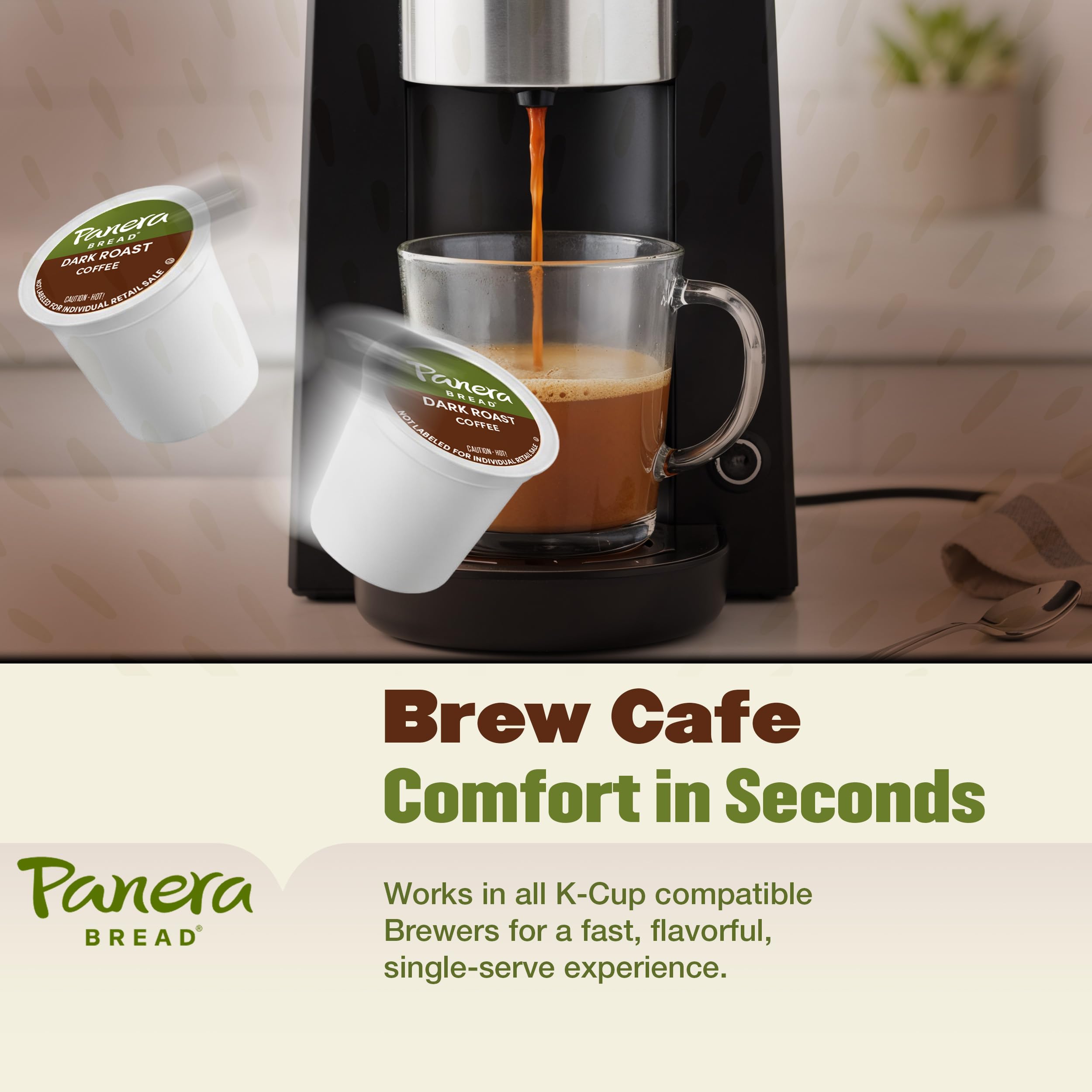 Brewed Panera dark roast in cup showing dark chocolate notes and aroma