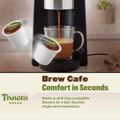 Brewed Panera dark roast in cup showing dark chocolate notes and aroma