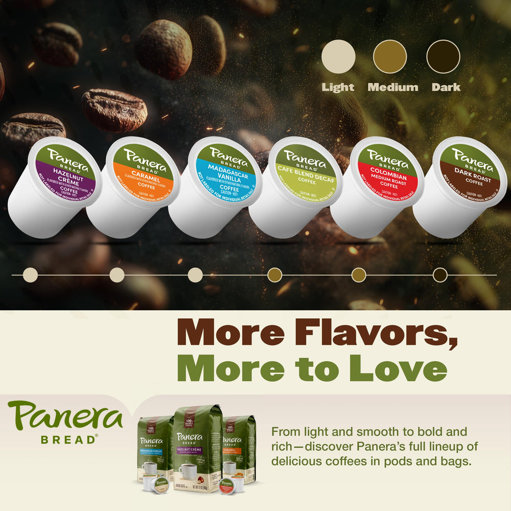 Scale view of Panera pod beside coffee beans demonstrating portion control