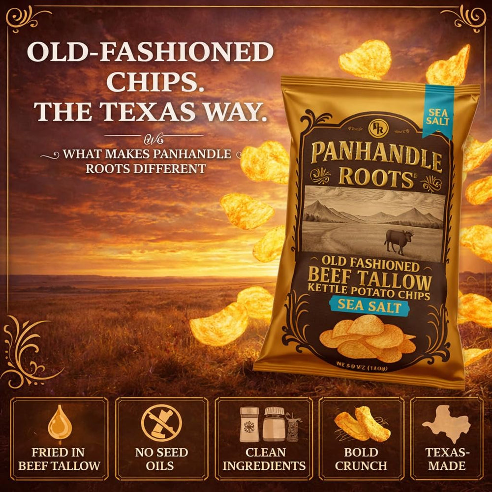 PANHANDLE ROOTS open bag with chips stacked highlighting crunchy texture