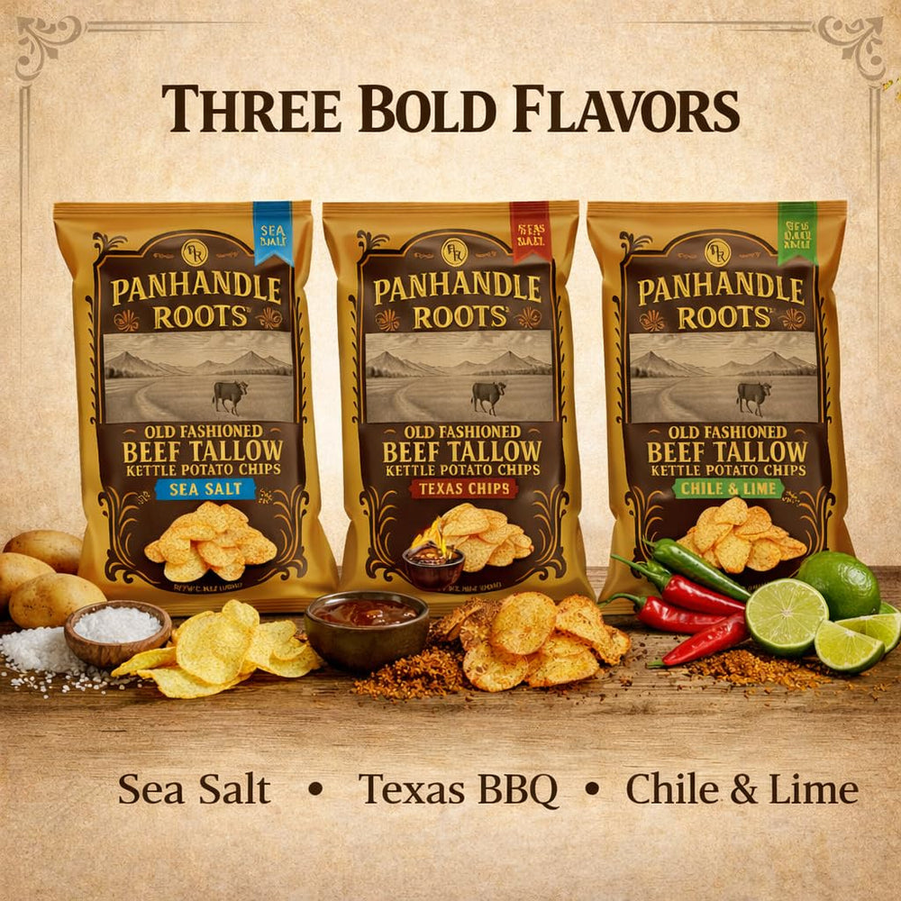 PANHANDLE ROOTS chips served on wooden board for natural flavor pairing