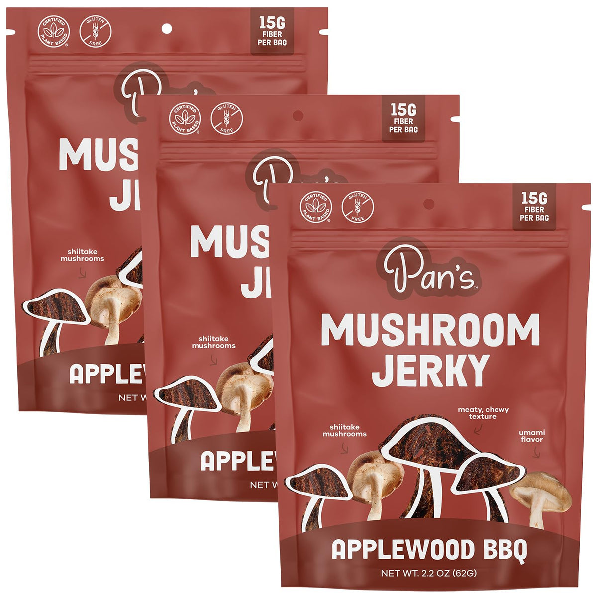 Pan's front packaging showing Applewood BBQ jerky and benefits portable snack