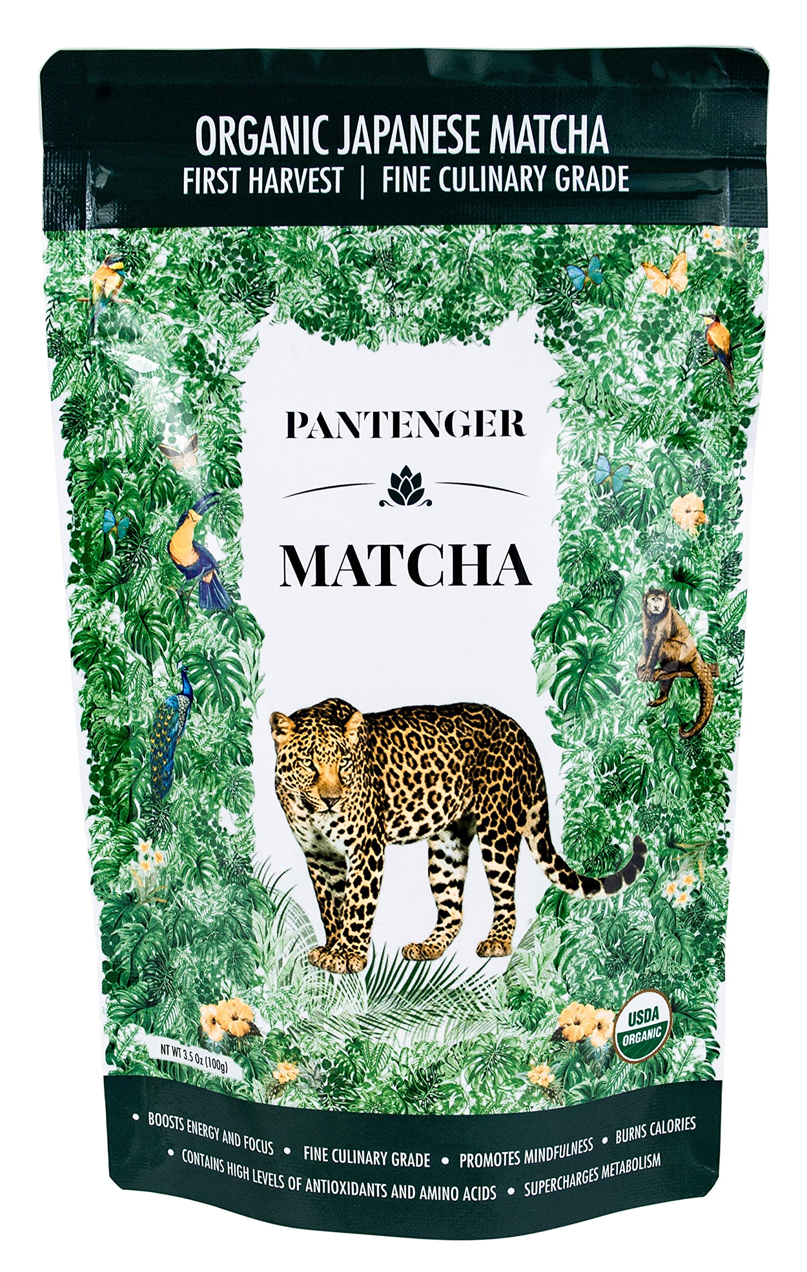Pantenger front packaging showing organic matcha pouch and label benefits