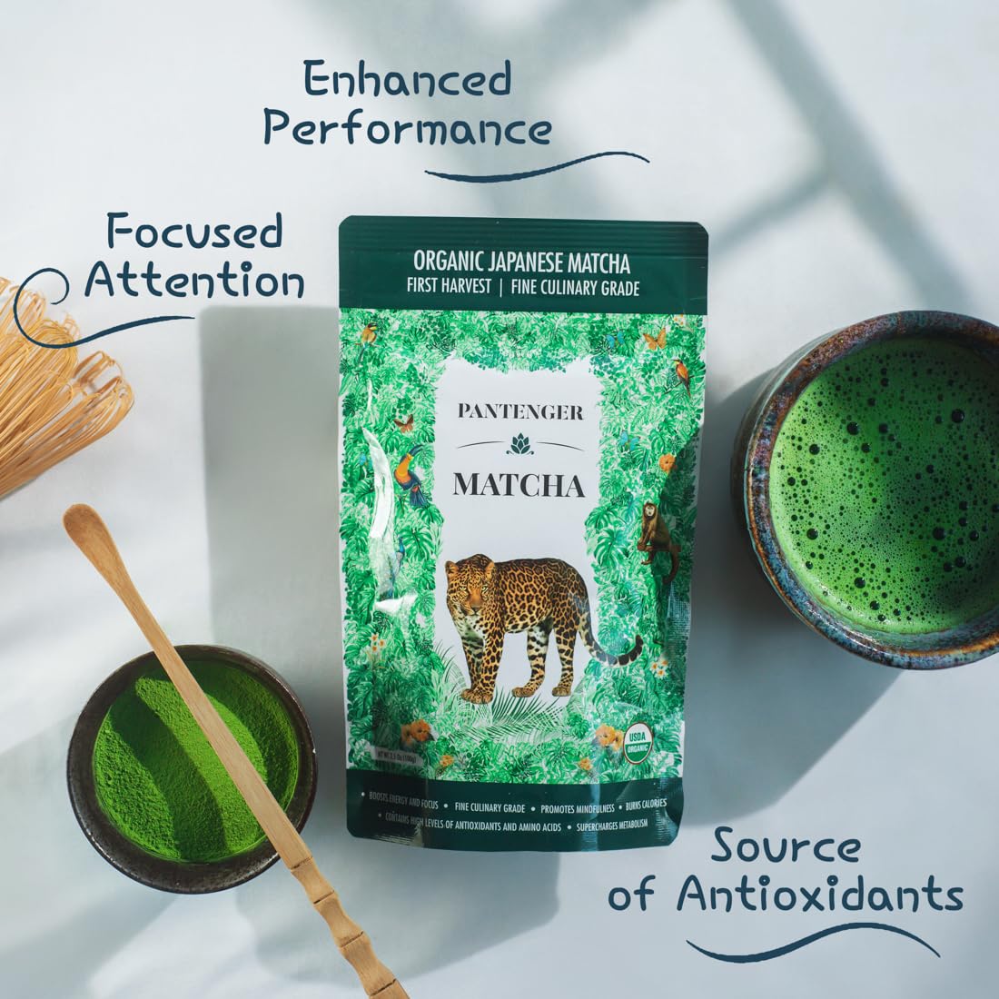 Pantenger matcha latte in a cup showing creamy froth and vibrant color