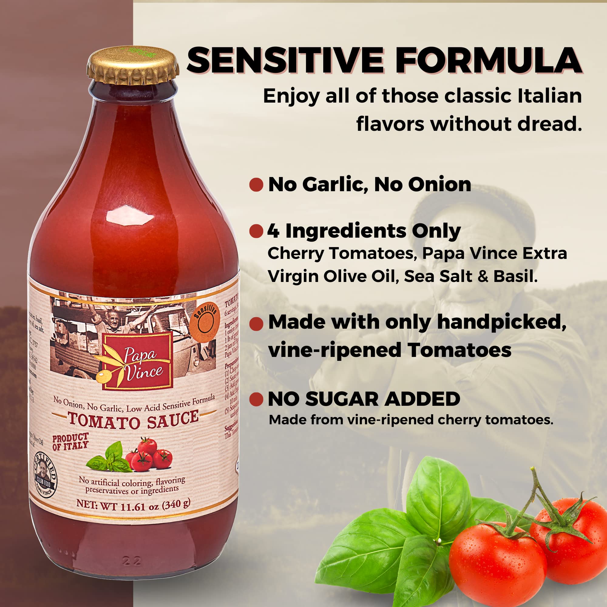 Papa Vince ingredients display of tomatoes and sea salt promoting natural recipe