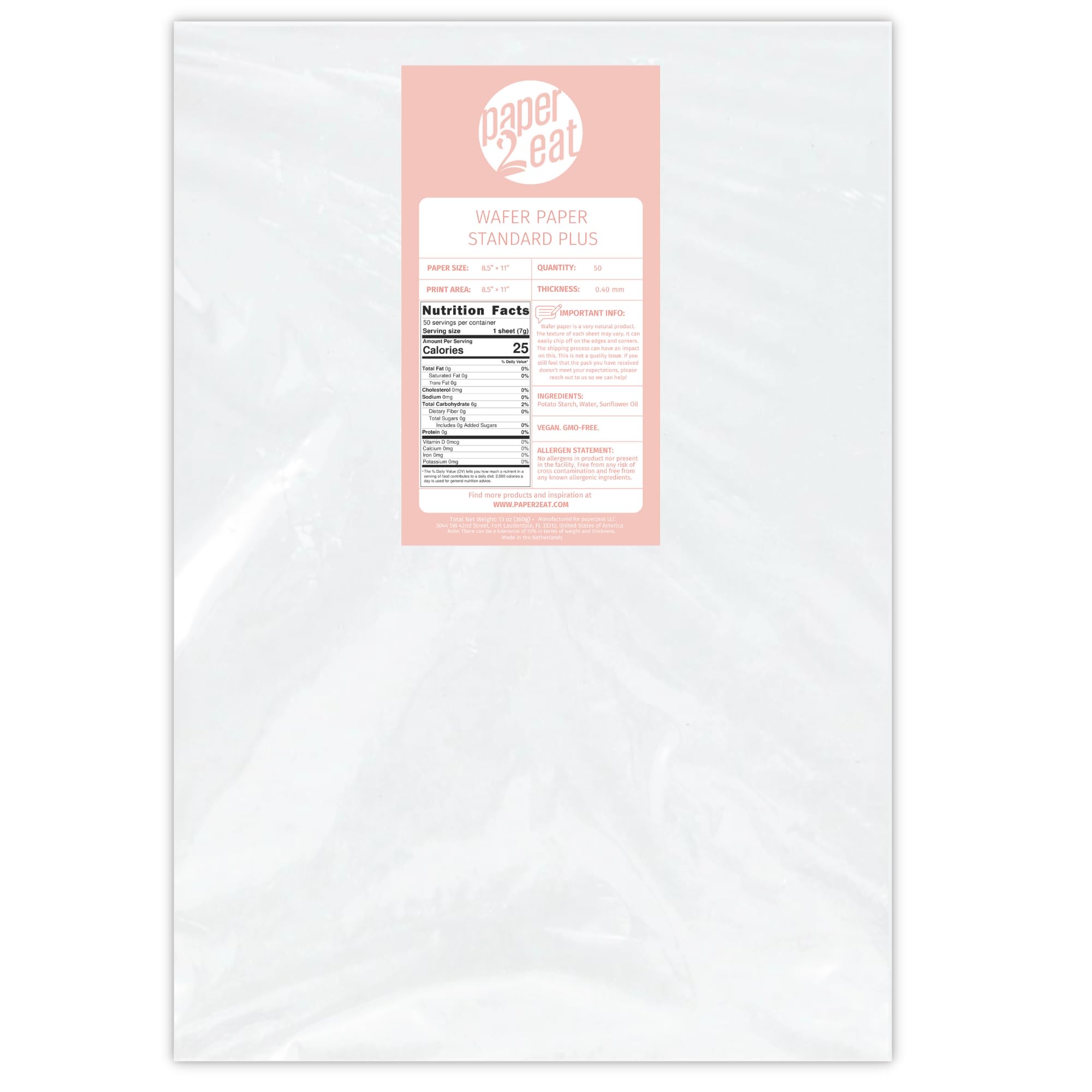 paper2eat front packaging showing 50 wafer paper sheets and resealable bag for freshness
