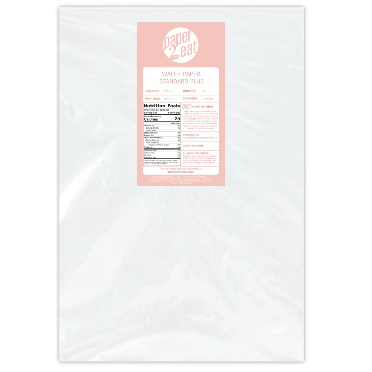 paper2eat front packaging showing 50 wafer paper sheets and resealable bag for freshness