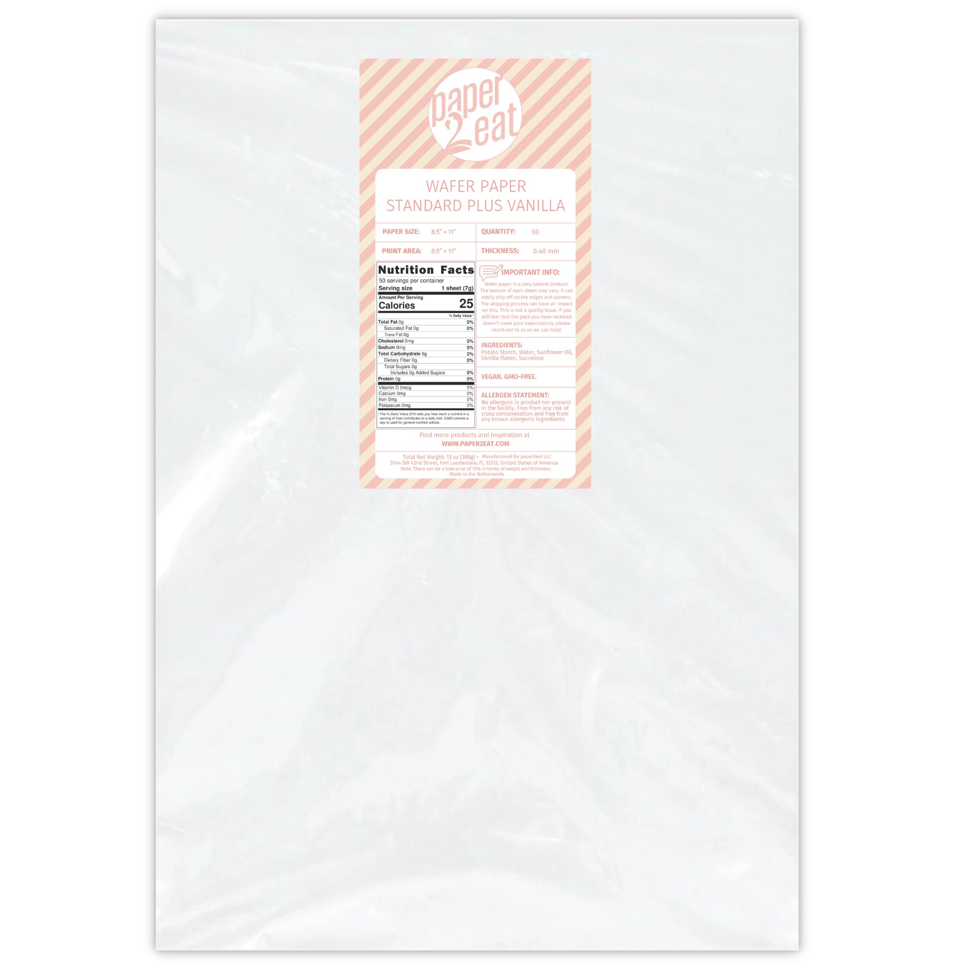 paper2eat front packaging showing 50-sheet resealable pack and vanilla label benefit: easy storage