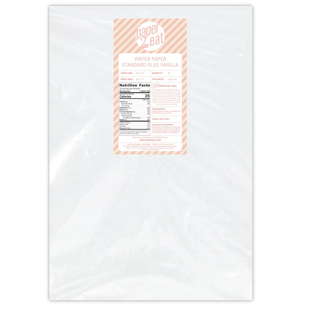 paper2eat front packaging showing 50-sheet resealable pack and vanilla label benefit: easy storage