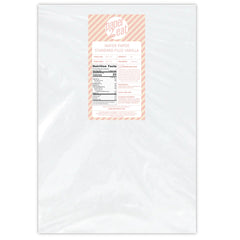 paper2eat front packaging showing 50-sheet resealable pack and vanilla label benefit: easy storage
