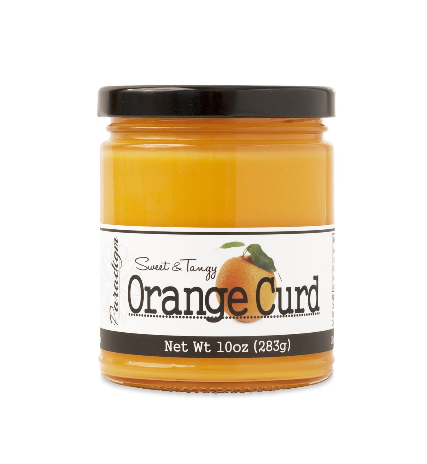 Paradigm Foodworks jar front view showing bright orange curd and 10 oz size benefit