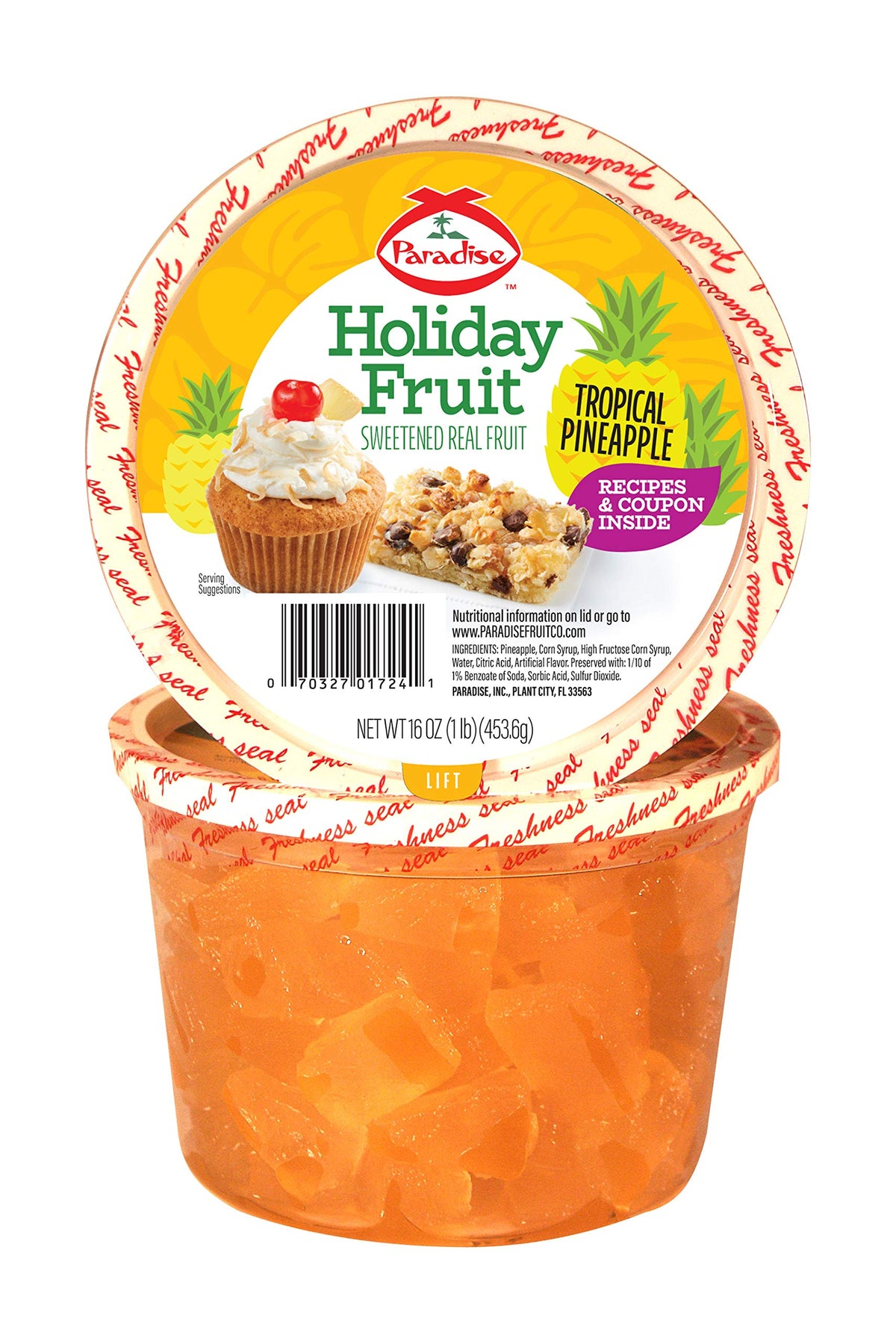 Paradise jar front packaging showing 16 ounce candied pineapple wedges for baking