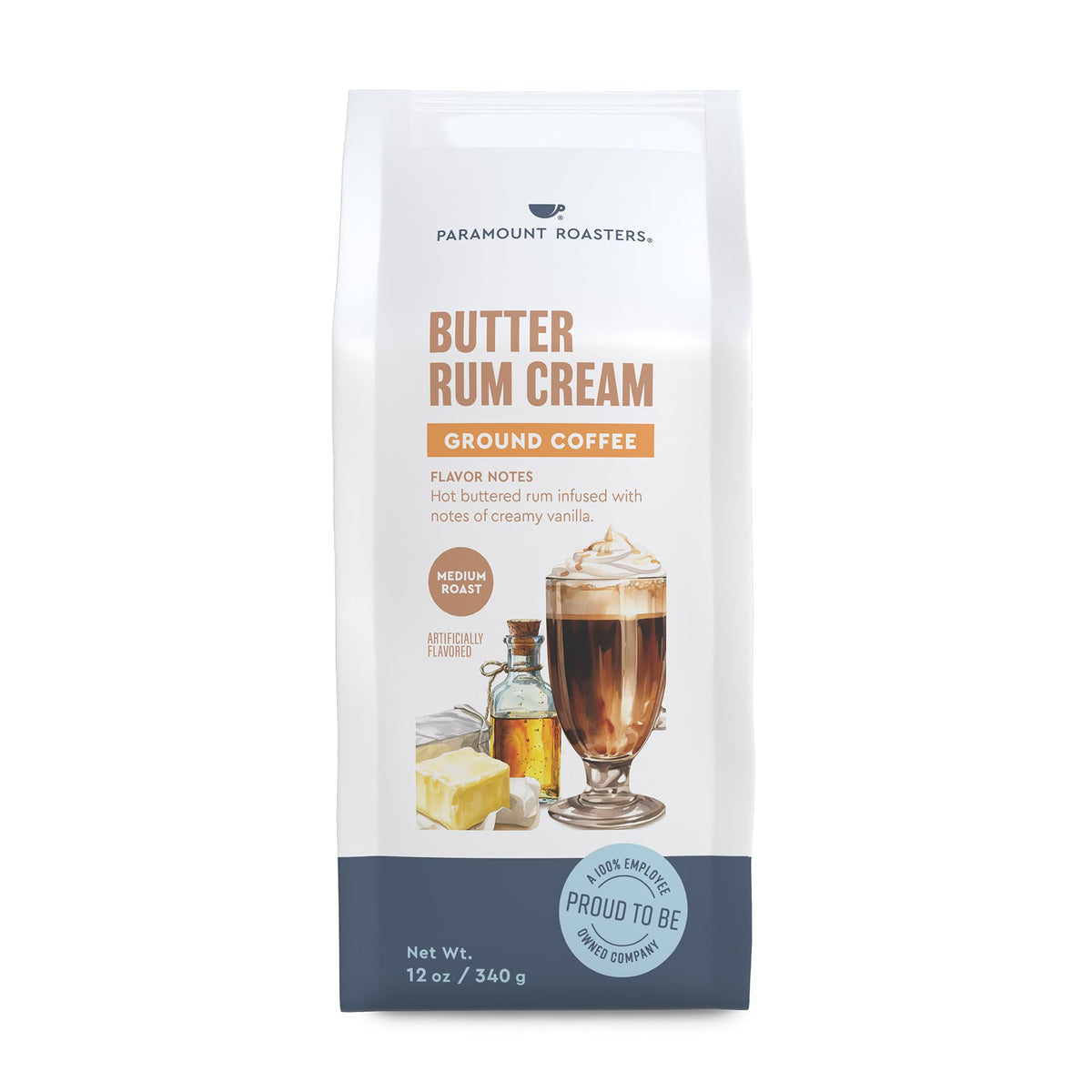 Paramount Roasters front packaging showing Butter Rum Cream benefits