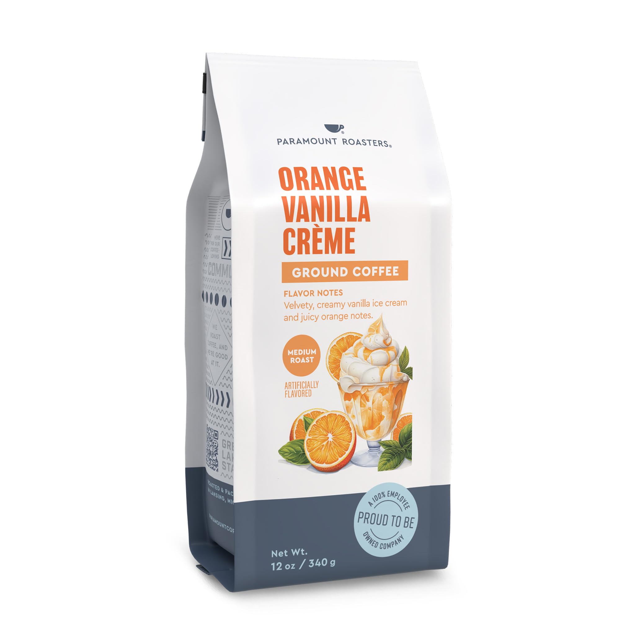 Paramount Roasters front packaging highlighting orange vanilla flavor and 12oz size benefit