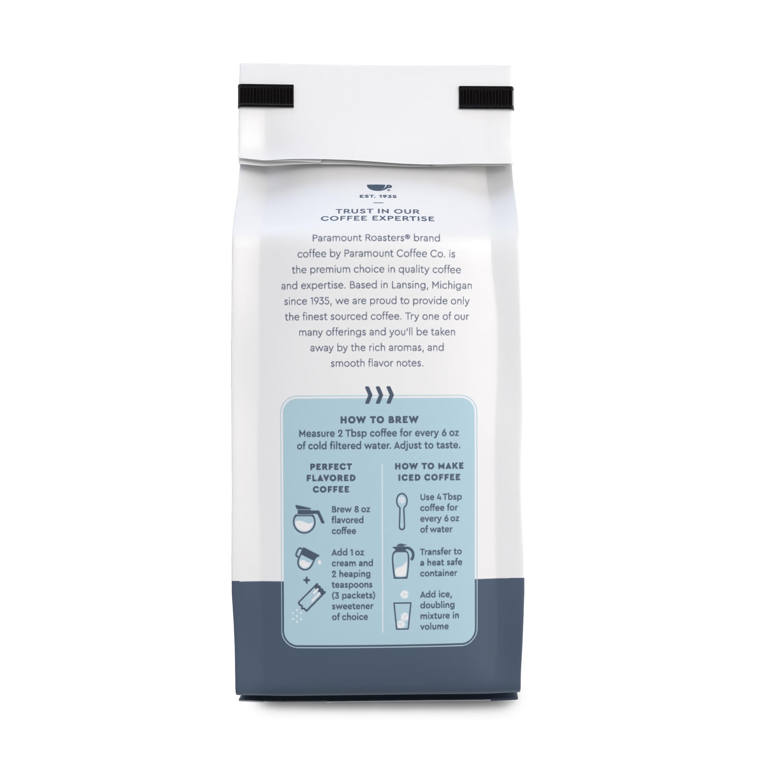 Paramount Roasters 12oz bag beside a mug showing scale and convenient single-bag benefit