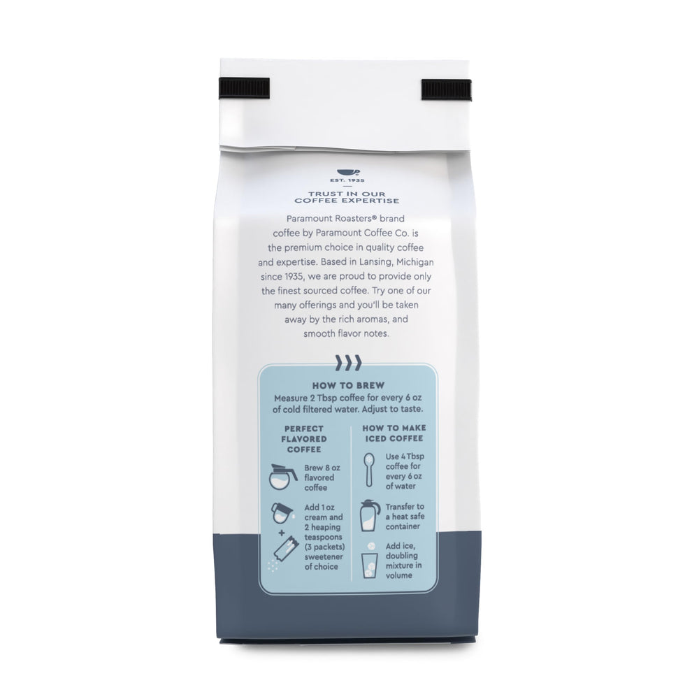 Paramount Roasters 12oz bag beside a mug showing scale and convenient single-bag benefit