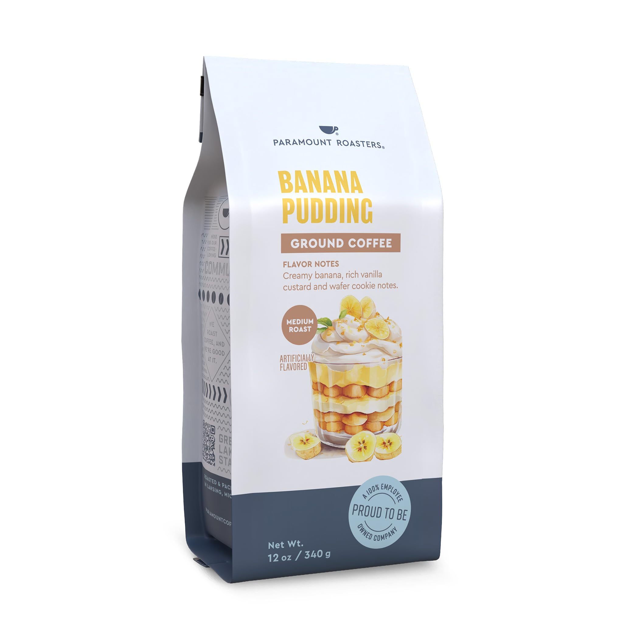 Paramount Roasters front packaging showing flavor and 12oz bag, highlights freshness and quality
