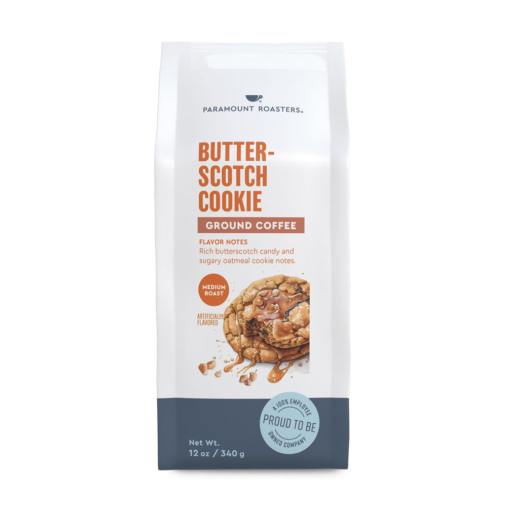 Paramount Roasters front packaging showing butterscotch cookie flavor and benefit of fresh vacuum seal
