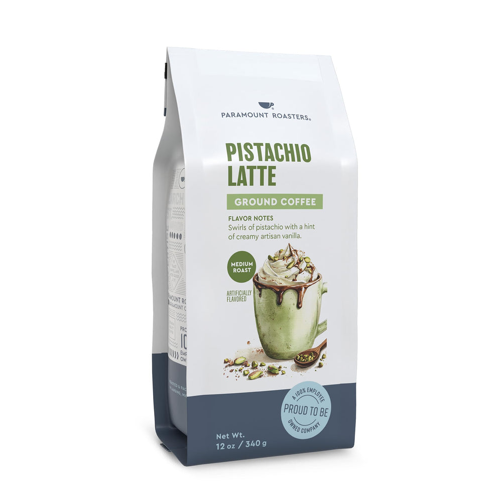 Paramount Roasters front packaging showing pistachio latte branding and benefit of flavored convenience