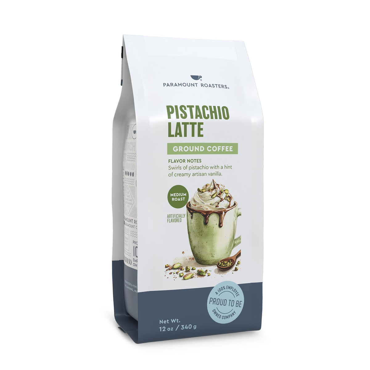 Paramount Roasters front packaging showing pistachio latte branding and benefit of flavored convenience
