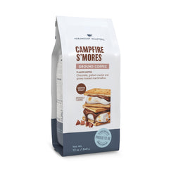 Paramount Roasters front bag view showing s'mores flavor and 12 oz size, convenient pantry-ready