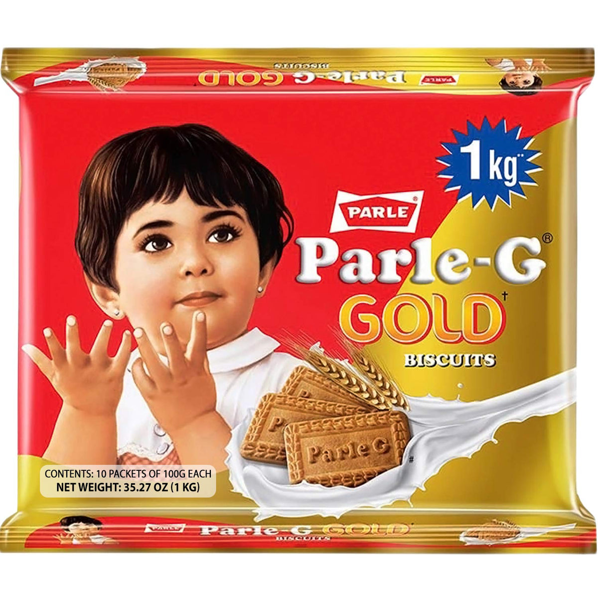 Parle-G Gold front box showing 1 kg export pack and brand for convenient family snacking