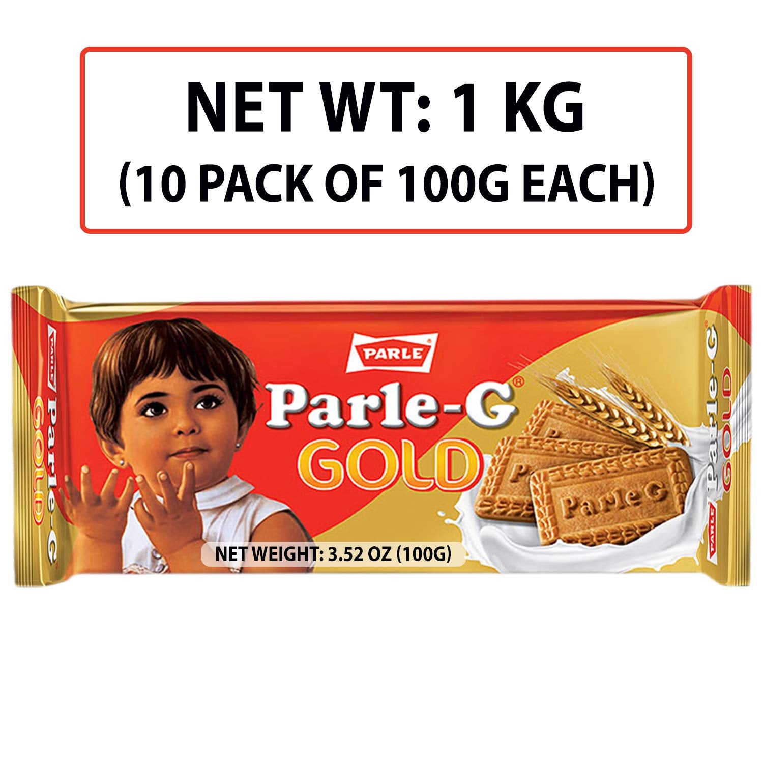 Parle-G Gold single 100g pack closeup highlighting brand and fresh sealed packaging benefit