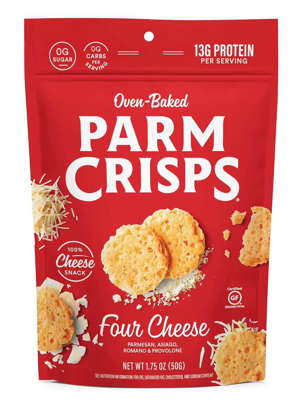 ParmCrisps Four Cheese bag label showing artisan blend and quality