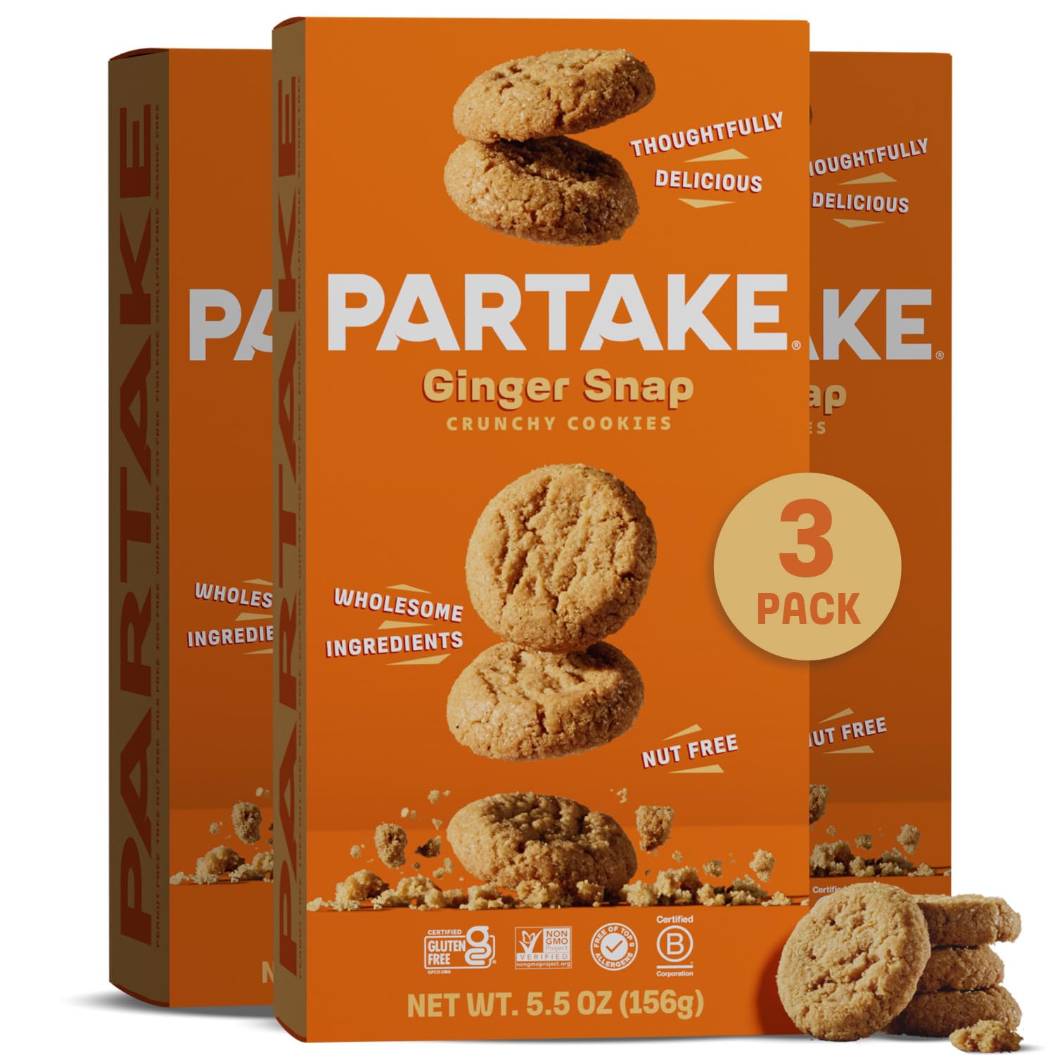 Partake Foods front packaging showing crunchy ginger snap boxes and branding benefit