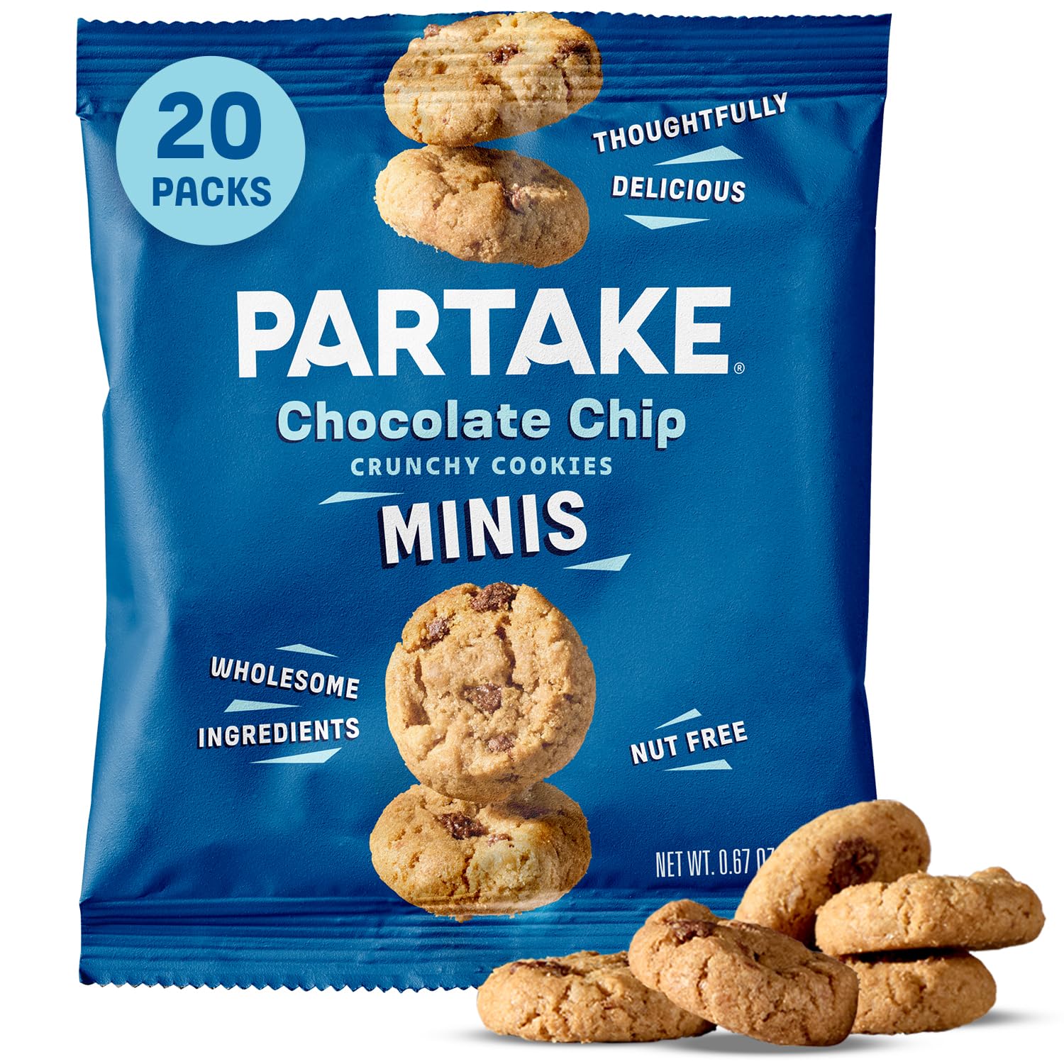 Partake front box showing crunchy chocolate chip cookies and 20-pack convenience