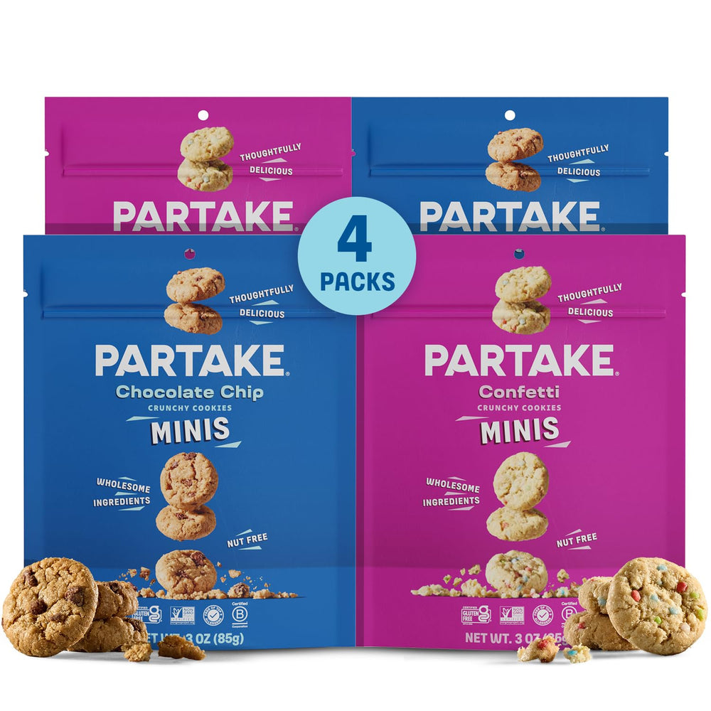 Partake front packaging 4-pack showing flavors and allergen-free benefits