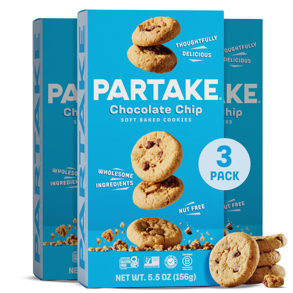 Partake front packaging showing allergy-free credentials and convenient boxes