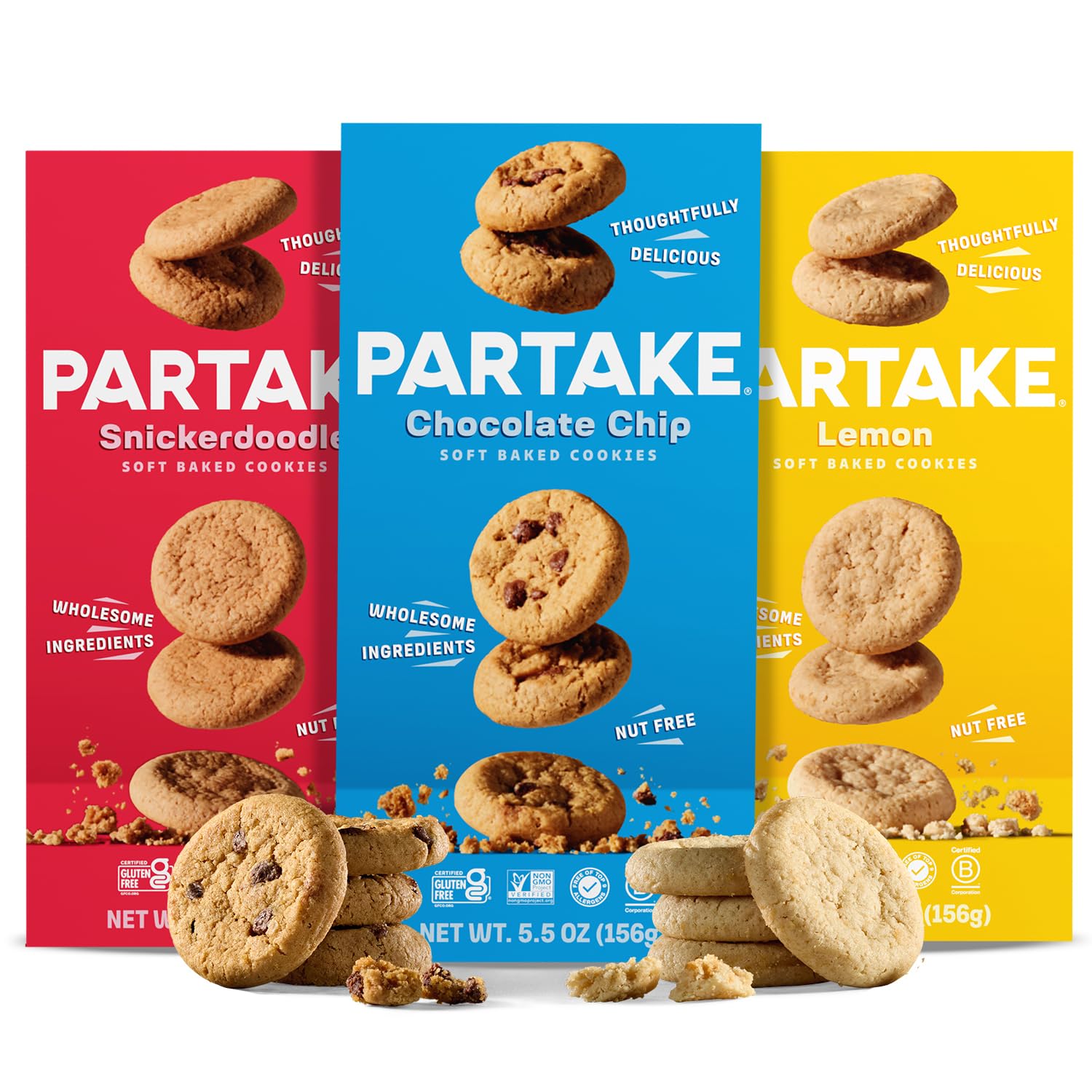 Partake front packaging showing three-flavor variety pack, clear safe-snacking option