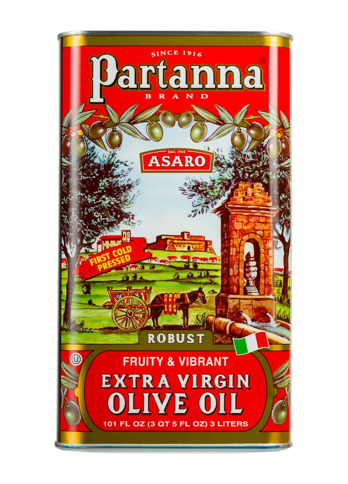 Partanna 3L red tin front showing packaging and long‑lasting storage benefit
