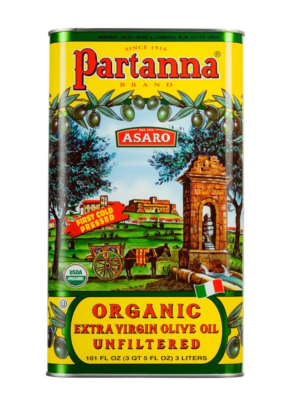 Partanna front label on 3L bottle showing organic Sicilian branding and volume benefit