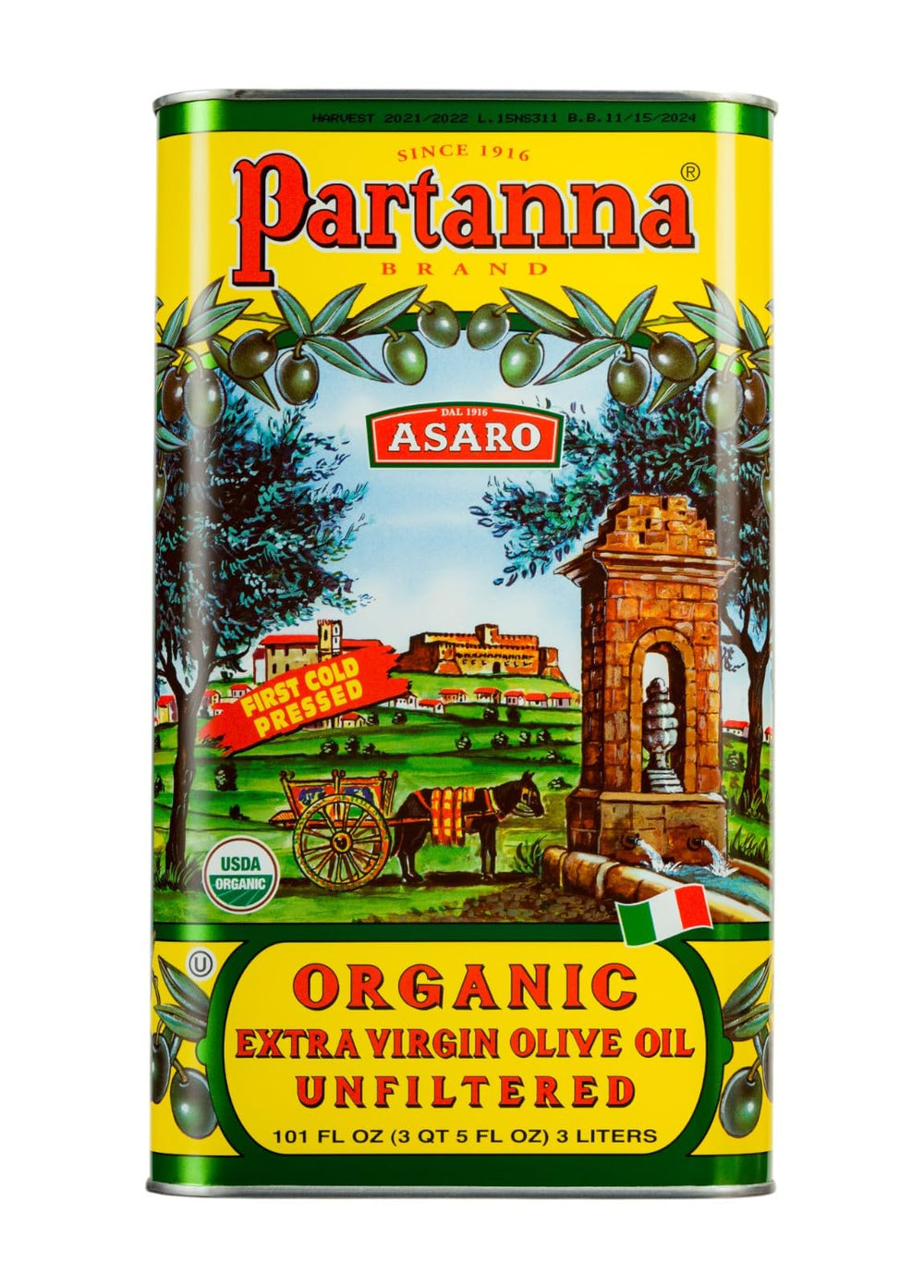 Partanna front label on 3L bottle showing organic Sicilian branding and volume benefit