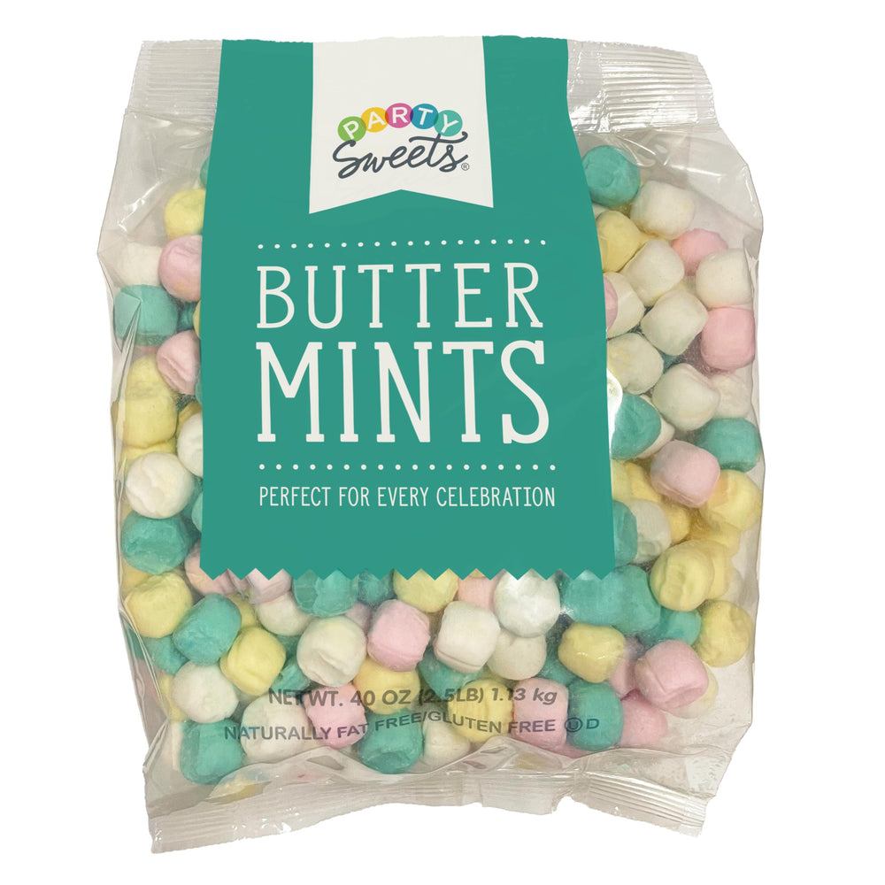 Party Sweets front packaging showing 2.5 lb bag and assorted buttermints, party-ready