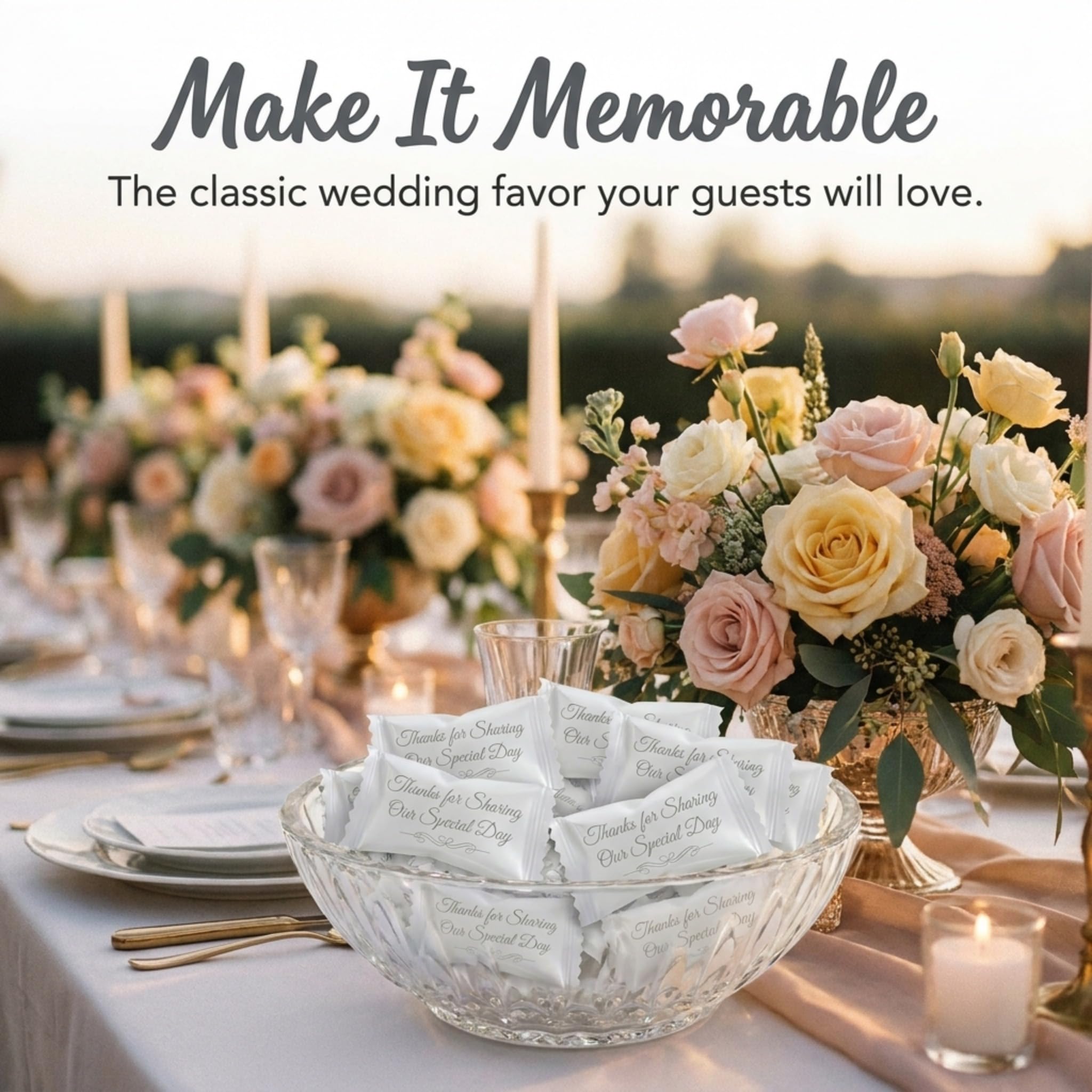 Party Sweets bowl of mints used as tabletop decor for easy guest access