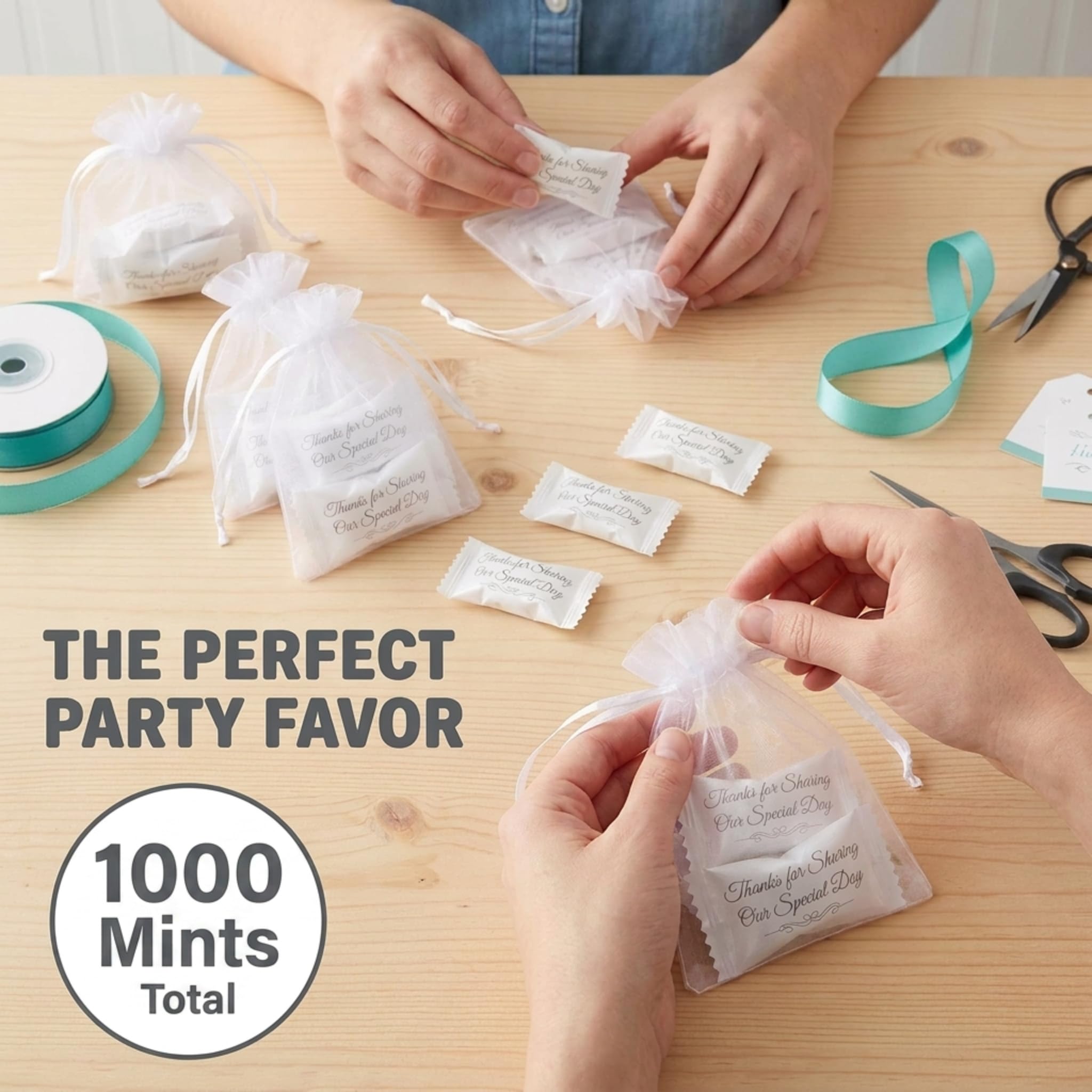 Party Sweets mints placed in an organza favor bag ready for wedding takeaways