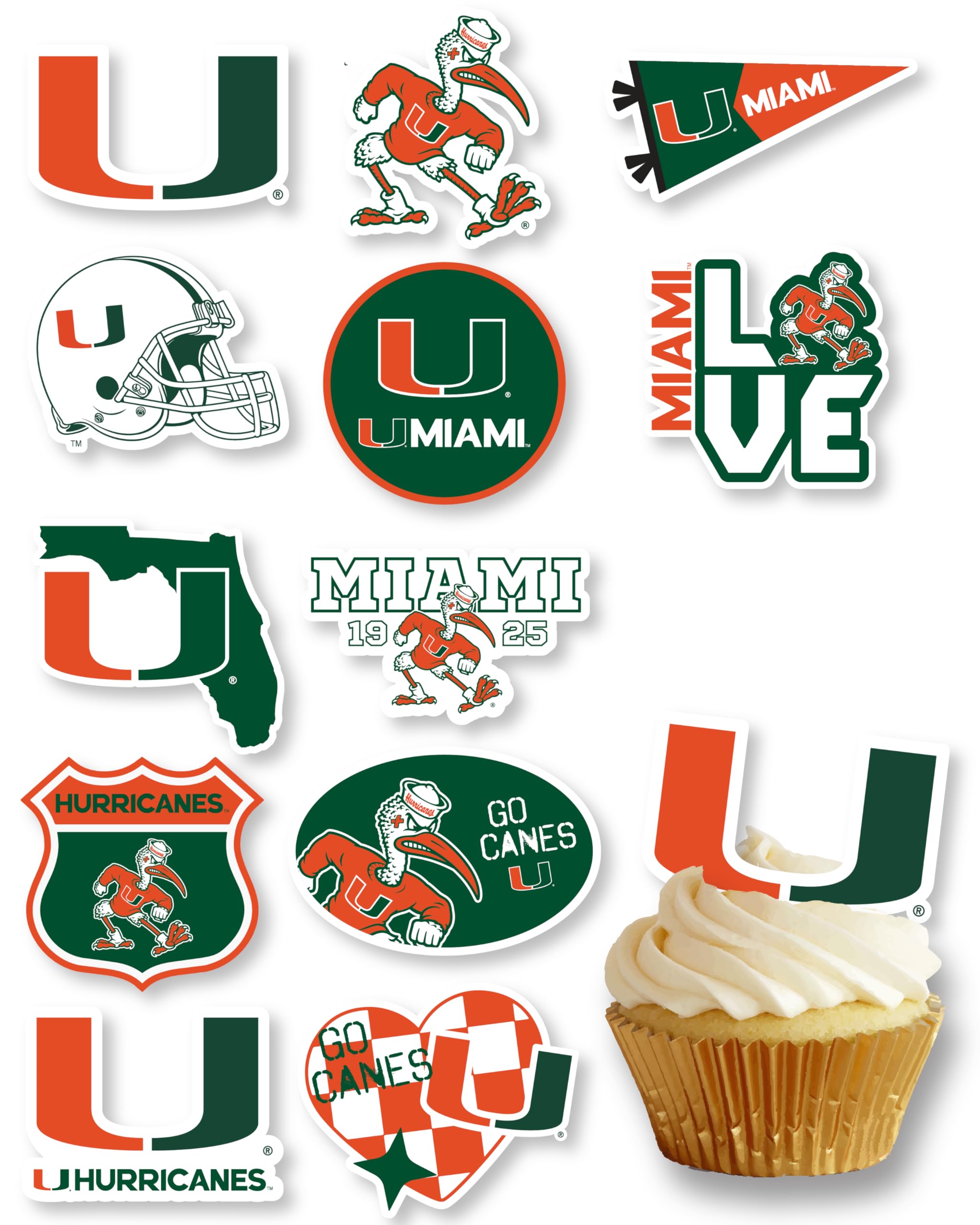 PartyKandy front packaging showing 24 Miami Hurricanes toppers and quick setup benefit