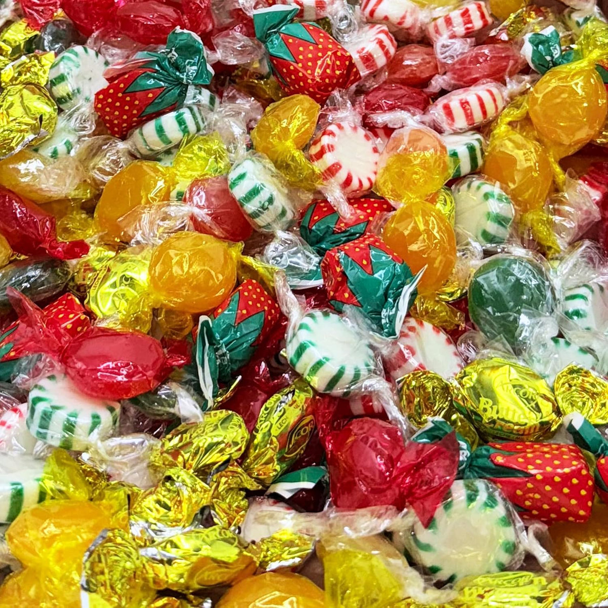 Partypom front view of 2 lb candy bag showing assorted wrapped candies for sharing