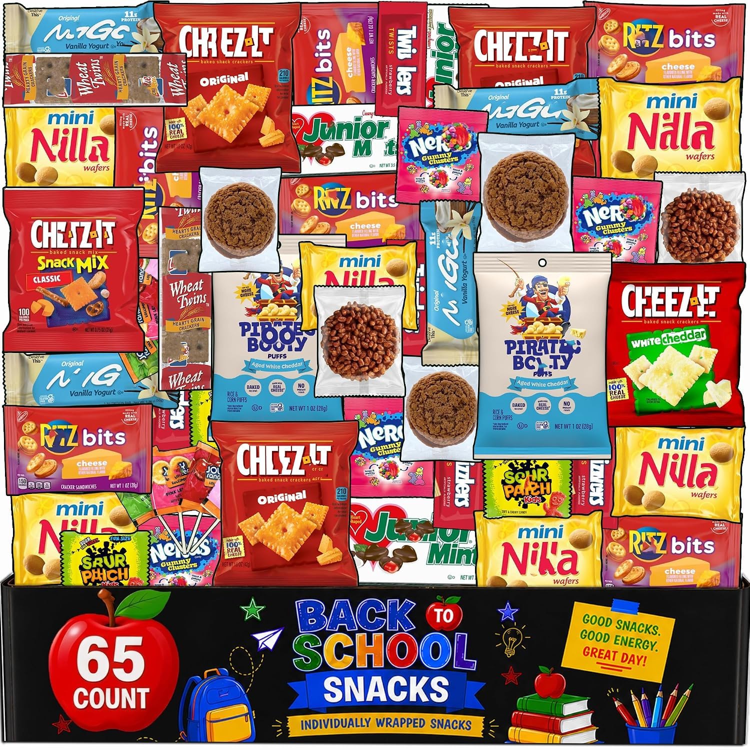 Partypom snack box front view showing assorted individually wrapped snacks for sharing
