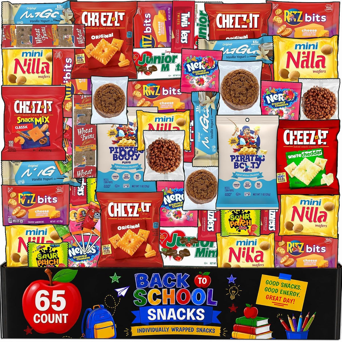 Partypom snack box front view showing assorted individually wrapped snacks for sharing