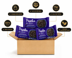 Pascha chocolate chips close-up texture highlighting smooth meltability and rich cacao