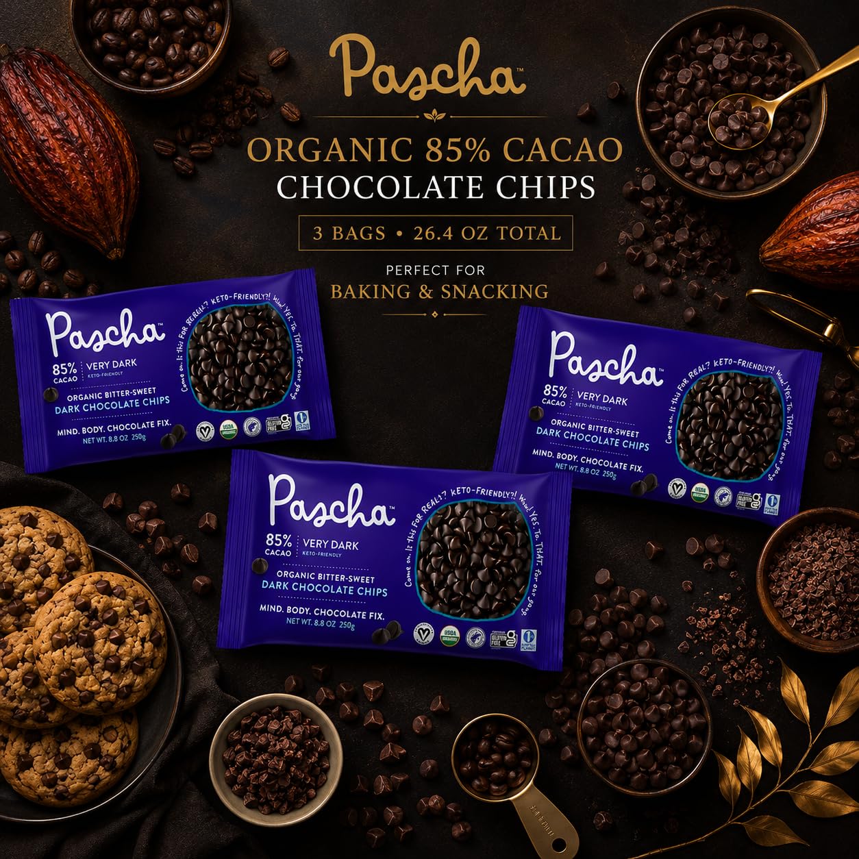 Pascha chips next to measuring cup and scale illustrating bulk three-pack value