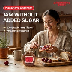 Passion Root open jar top view showing real cherry pieces and gloss