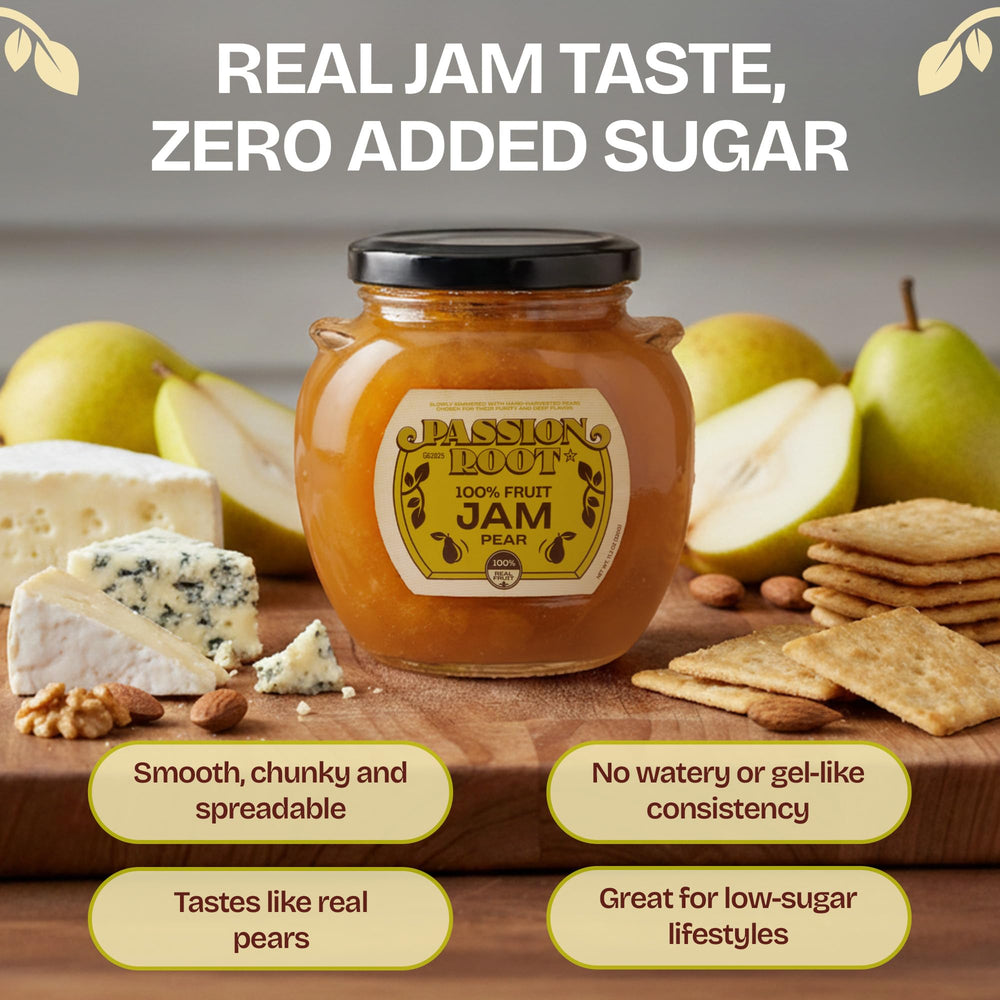Passion Root pear jam on charcuterie board pairing with cheese for elegance