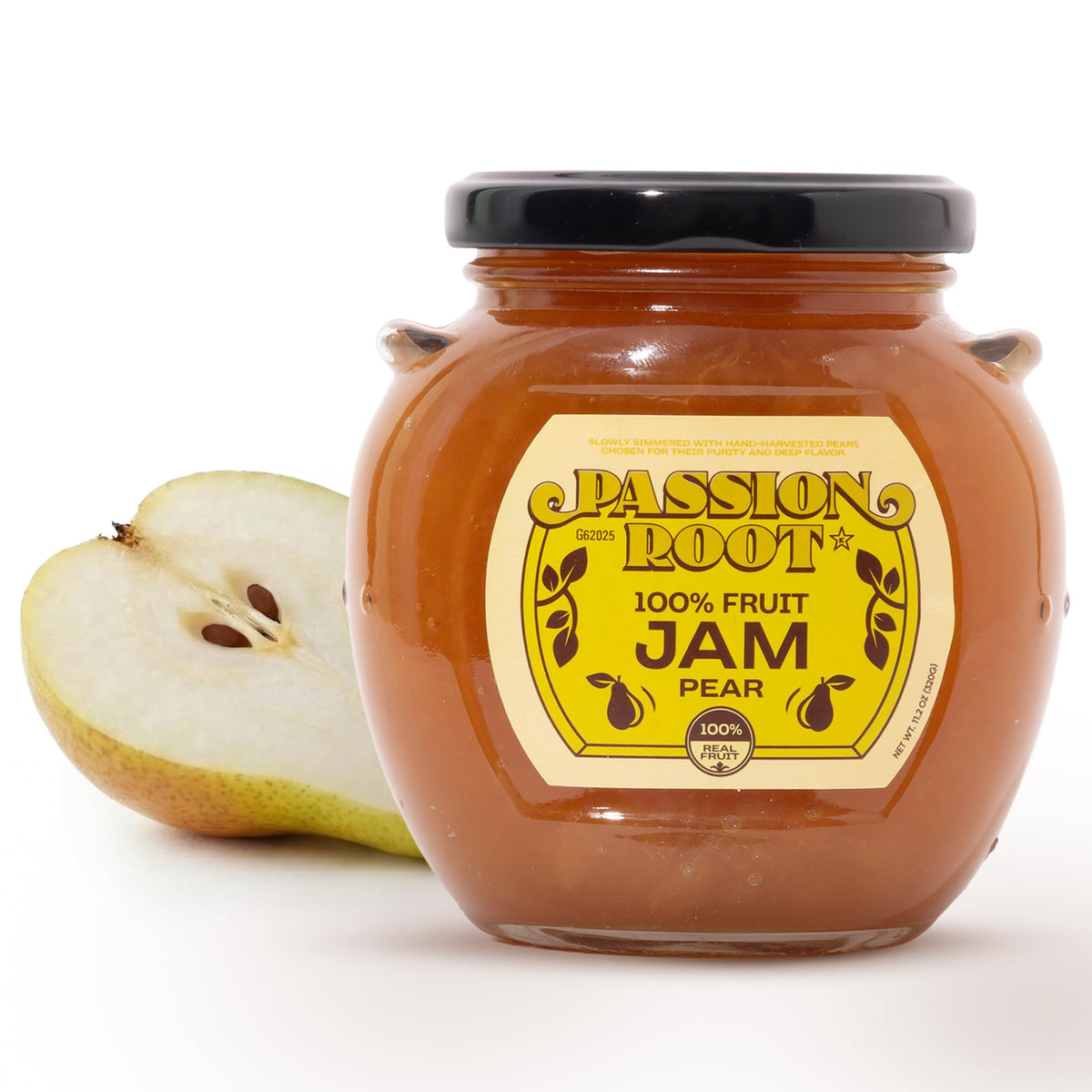 Passion Root pear jam jar front view showing label and clean ingredients benefit