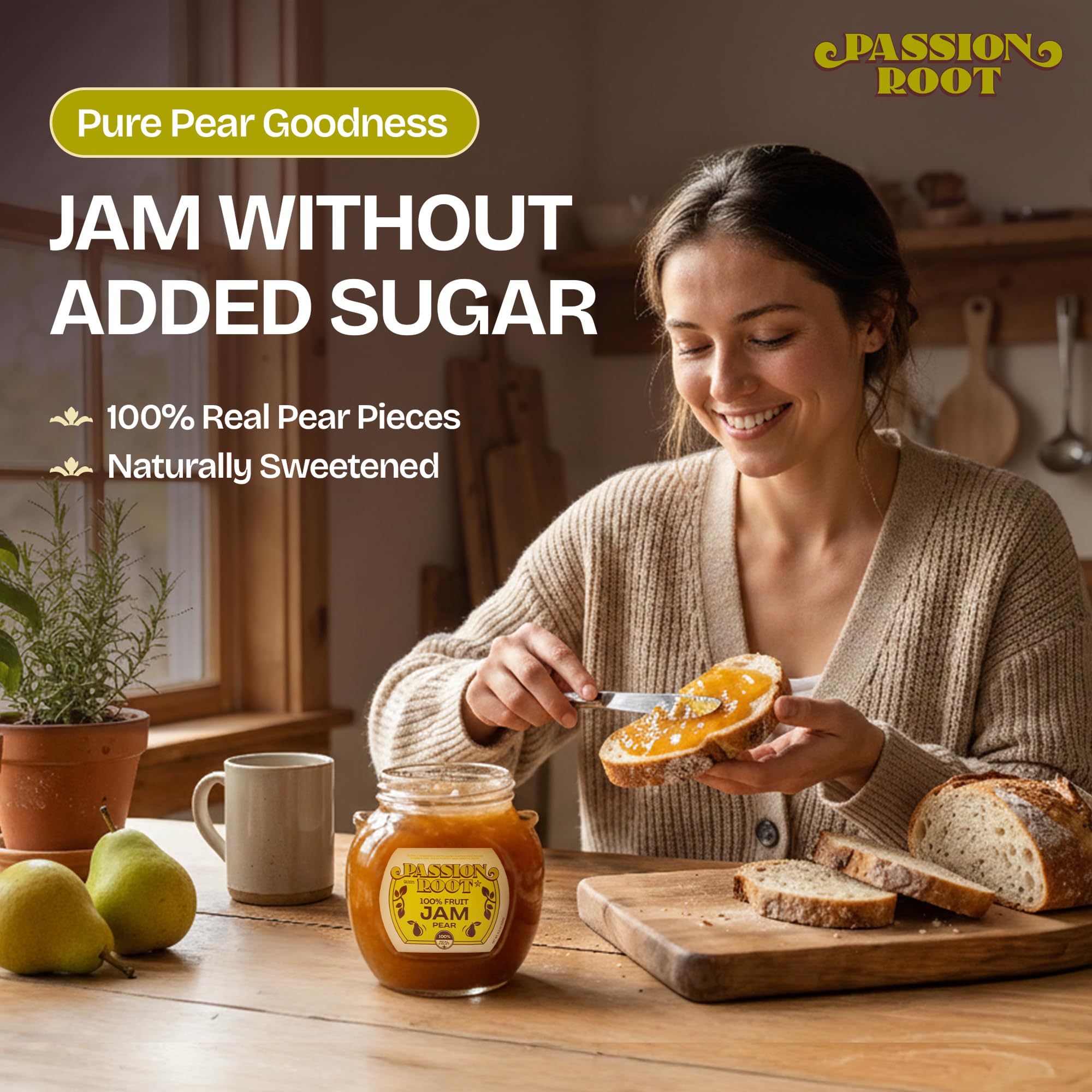 Passion Root pear jam spoon scooping out preserves for easy serving benefit