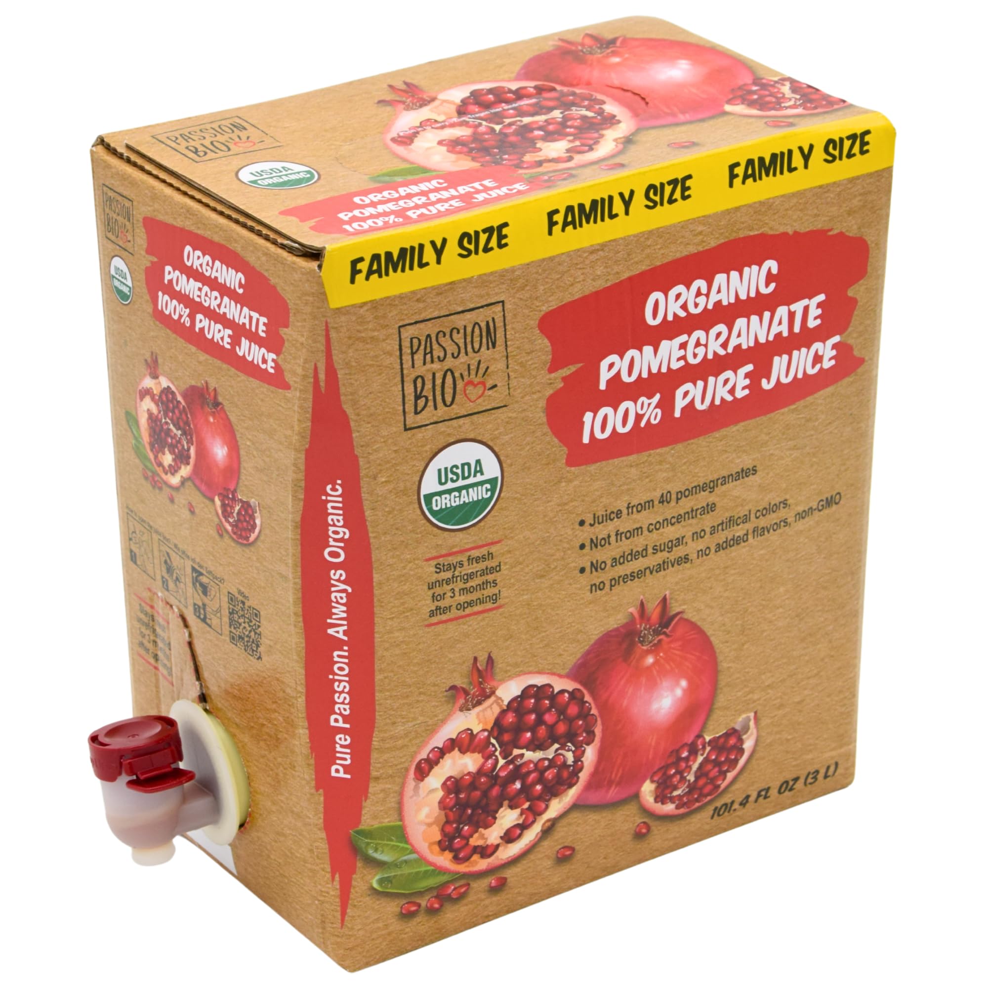 PassionBio front packaging showing 3L family-size box and tap benefit